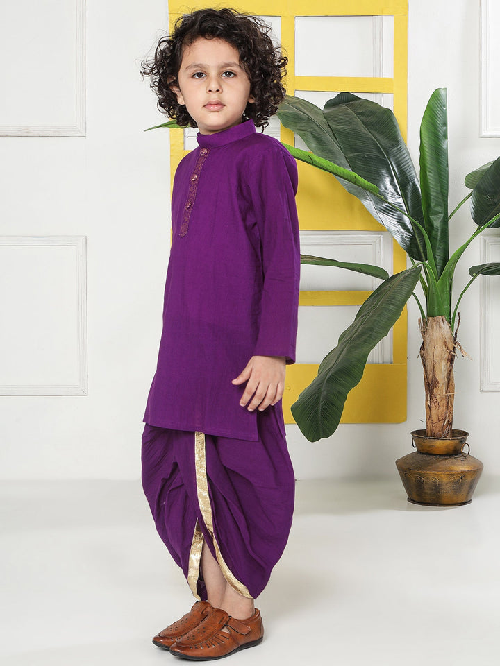 Purple Minimal Zari Embroidery Cotton Kurta Dhoti set | SHOBITAM