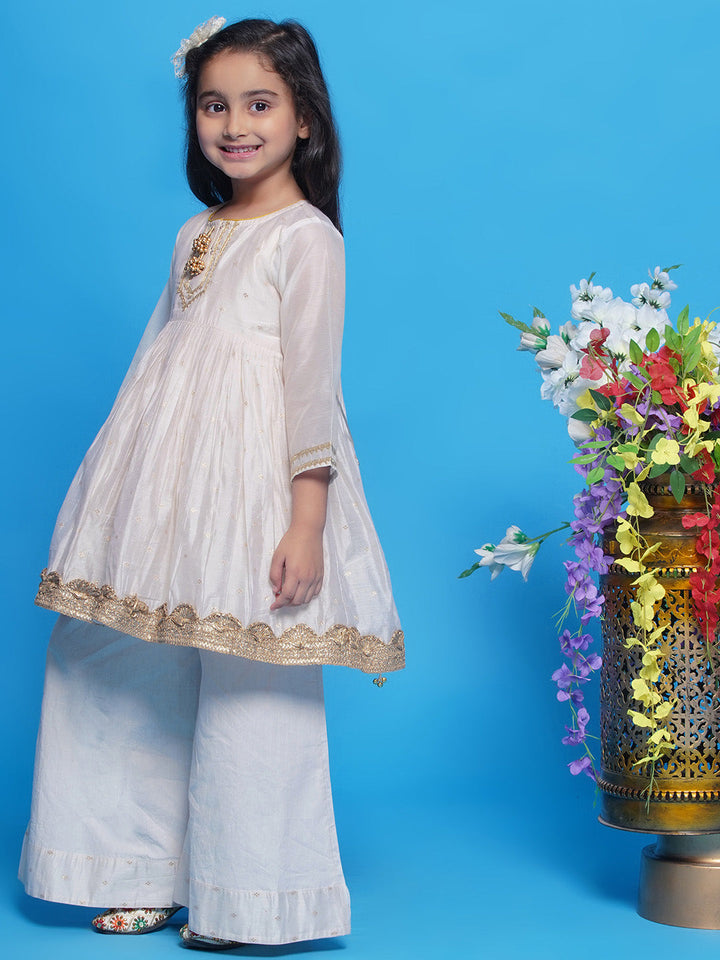 Girls Chanderi Cotton Three Fourth Sleeves Kurta Frock with Plazzo and Dupatta with Boota, Lace & Tussel work - Cream | SHOBITAM