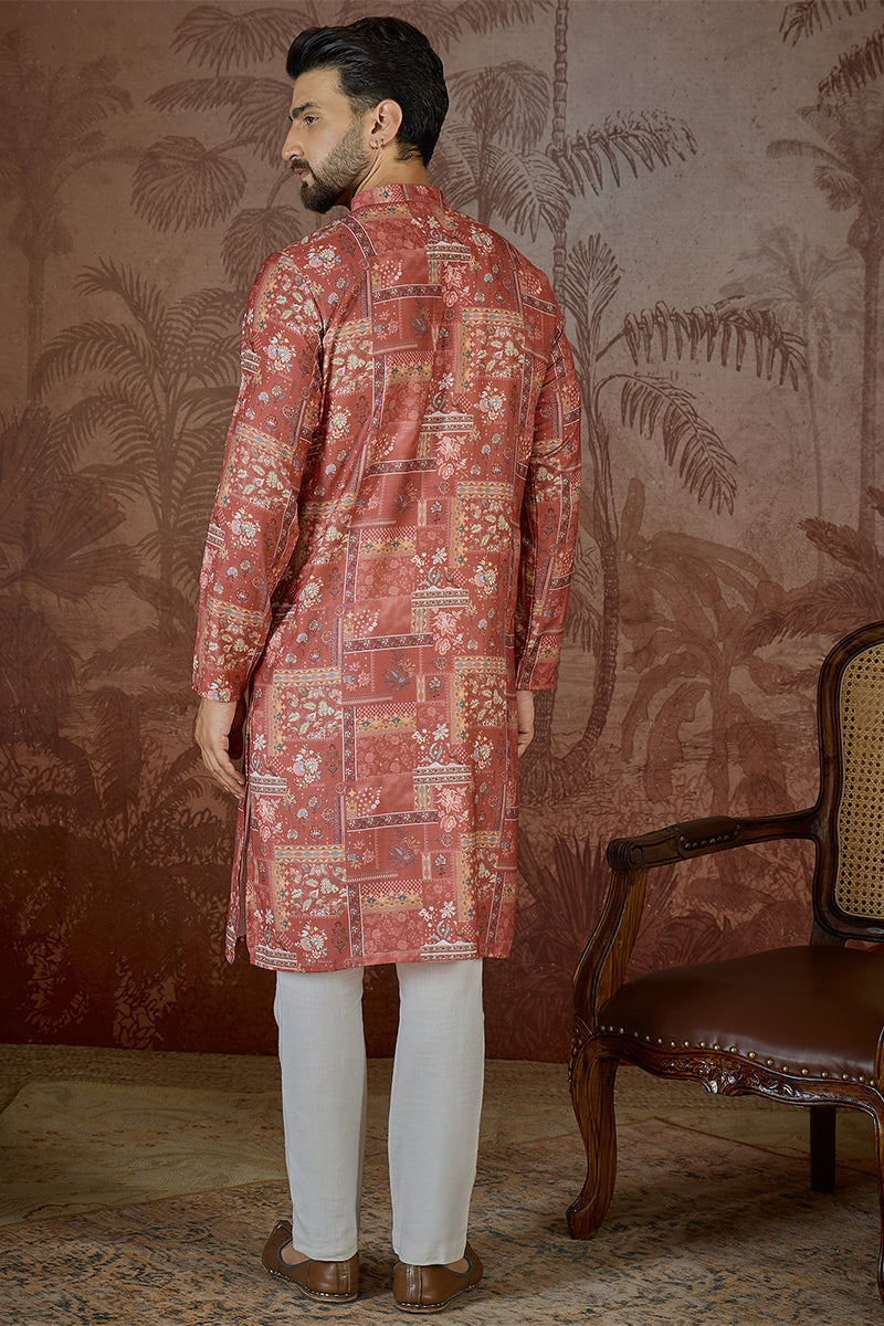 Mens Silk Blend Pink Abstract Printed Kurta | SHOBITAM