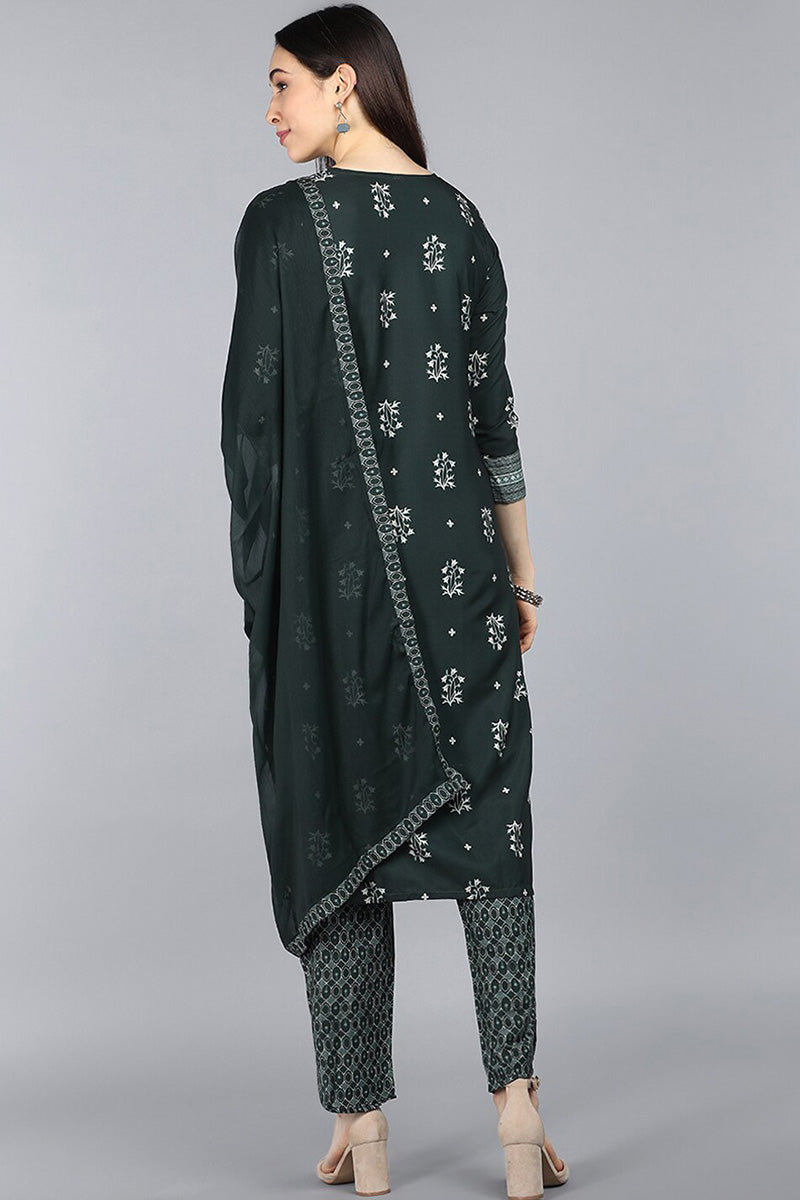 Dark Green Poly Crepe Floral Printed Straight Suit Set | SHOBITAM