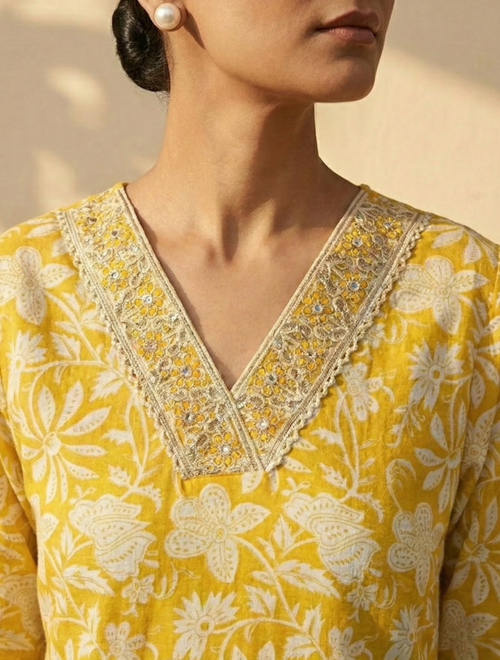 Yellow Floral Print Kurta Pant Dupatta Set | SHOBITAM