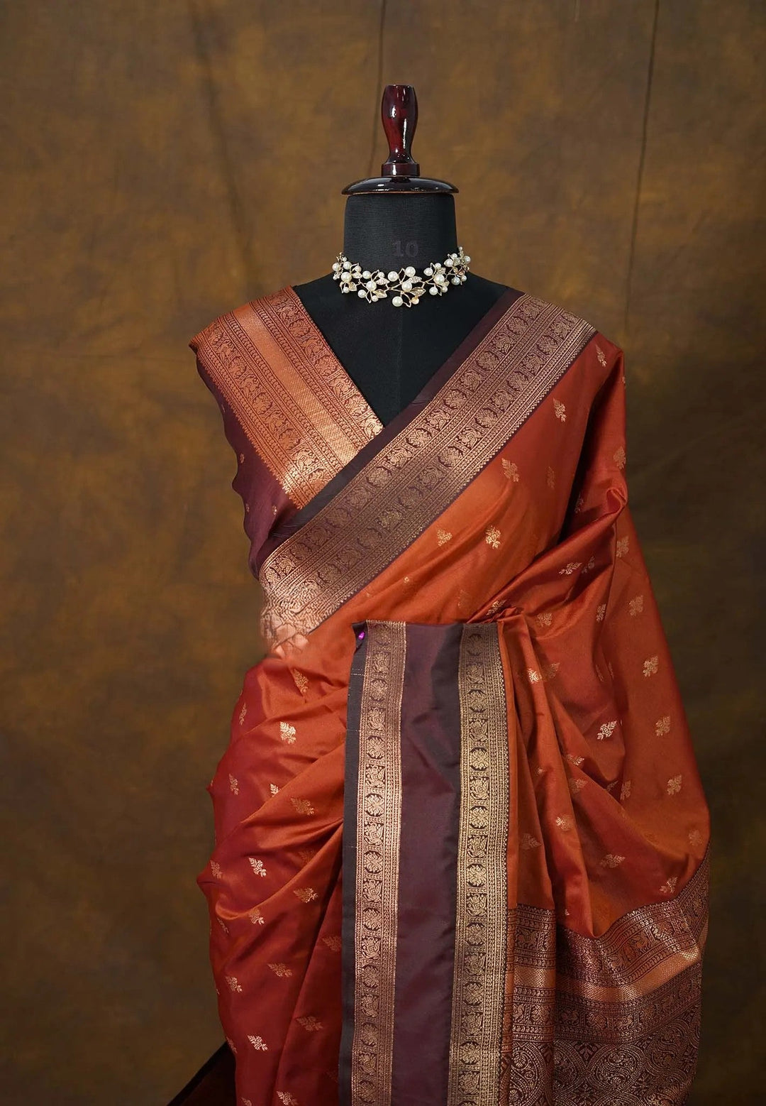 Rust Orange Art Silk Saree with Maroon Rettaipet Borders | SHOBITAM