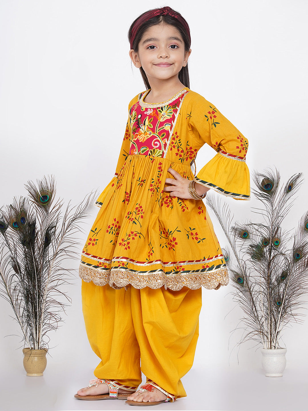 Girls Jaipuri Lacework and patchwork Kurta frock with Salwar and Dupatta | SHOBITAM