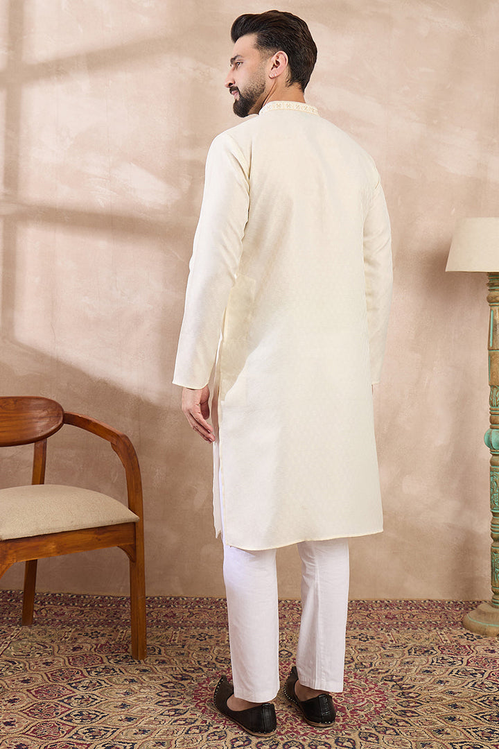 Off White Silk Blend Solid Woven Design Straight Kurta For Men | SHOBITAM