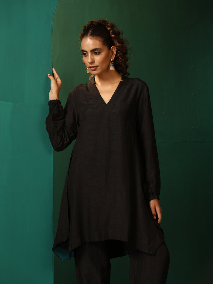 Black Silk Collar Co-ord Set  | SHOBITAM