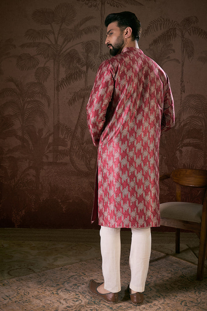 Maroon Silk Blend Chevron Printed Straight Kurta For Men | SHOBITAM
