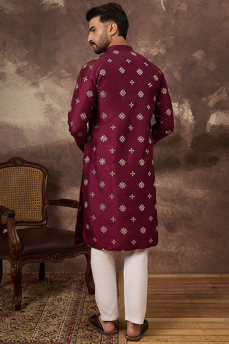 Maroon Silk Blend Solid Embroidered Straight Kurta | SHOBITAM