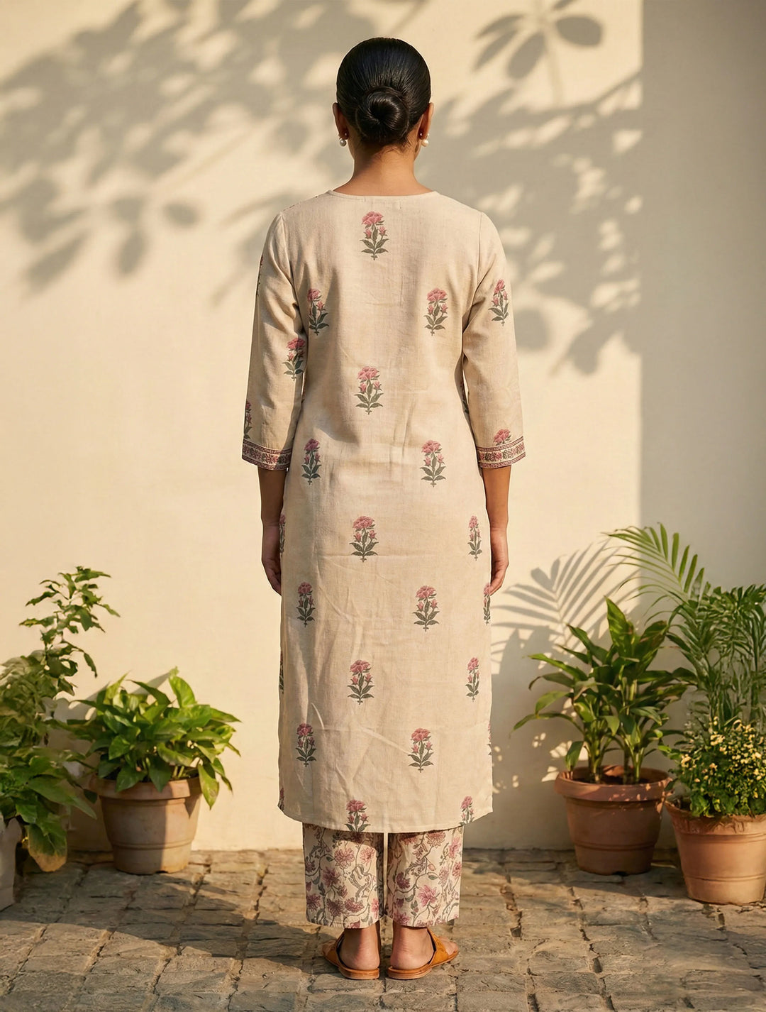 Ivory Floral Boota Print V-Neck Kurta Pant Set  | SHOBITAM