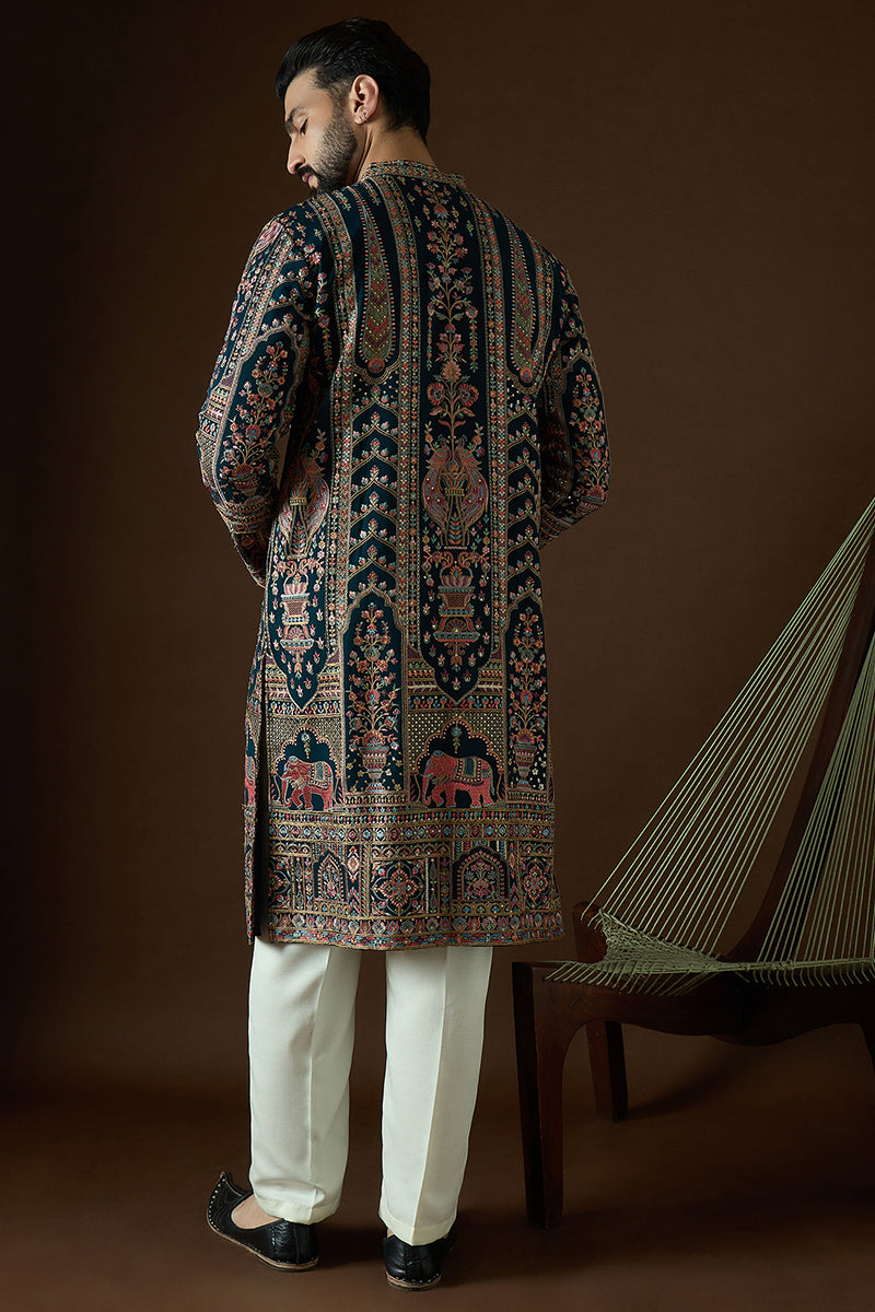 Teal Georgette Solid Embroidered Straight Kurta | SHOBITAM