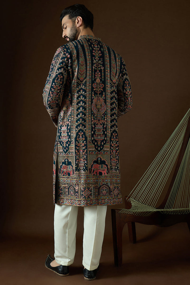 Teal Georgette Solid Embroidered Straight Kurta | SHOBITAM