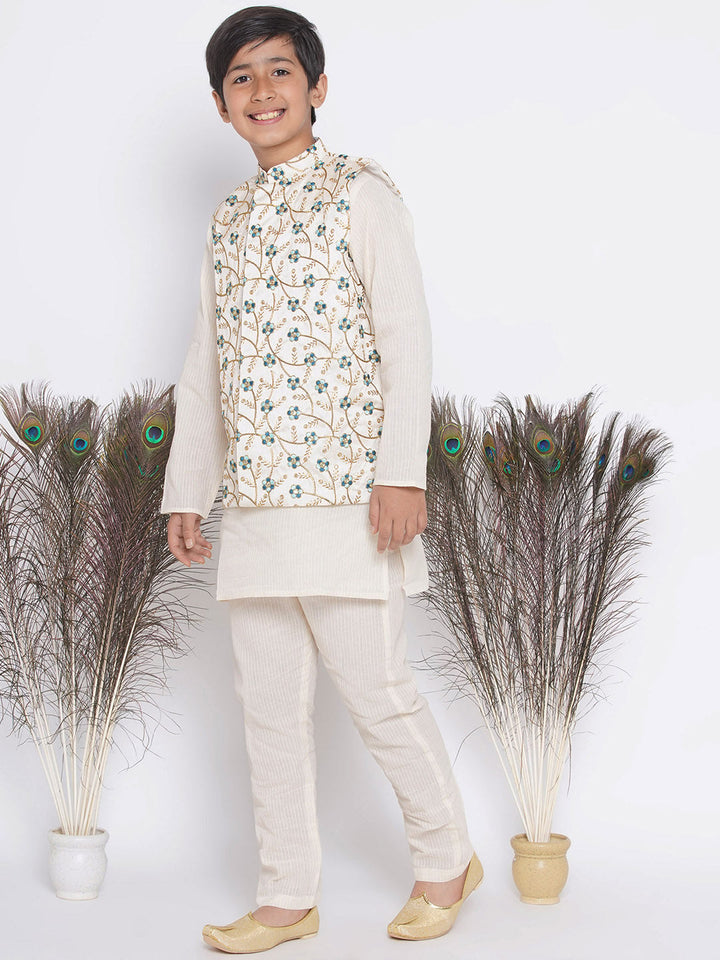 Silk Blue Floral Embroidery Jacket with Cotton Kantha kurta and Kantha Pyjama | SHOBITAM