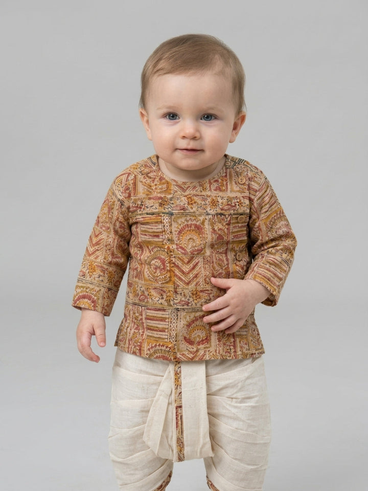 Boys Beige Ethnic Printed Cotton Angrakha Style Dhoti Set | SHOBITAM