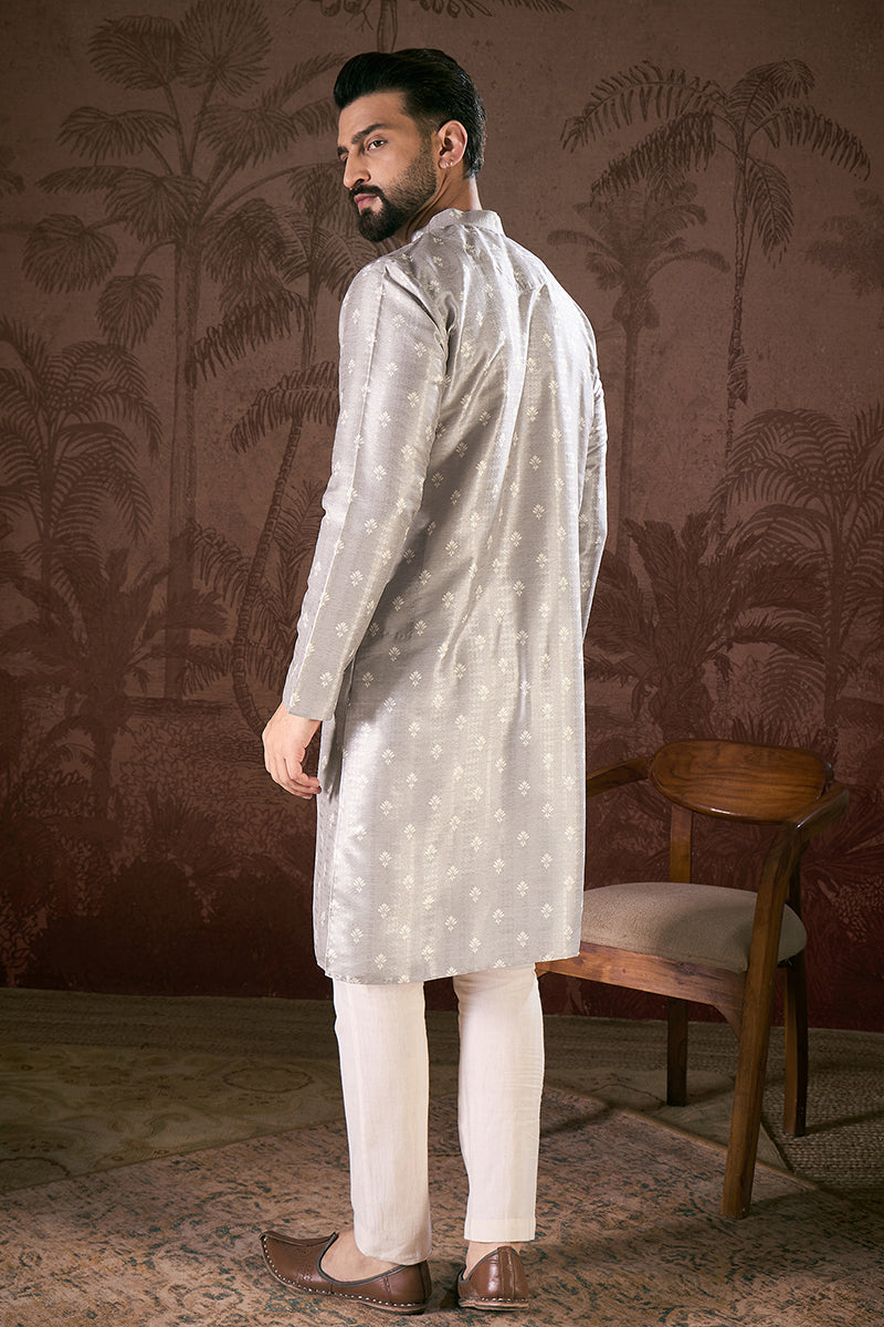 Grey Silk Blend Floral Printed Straight Kurta With Trouser | SHOBITAM
