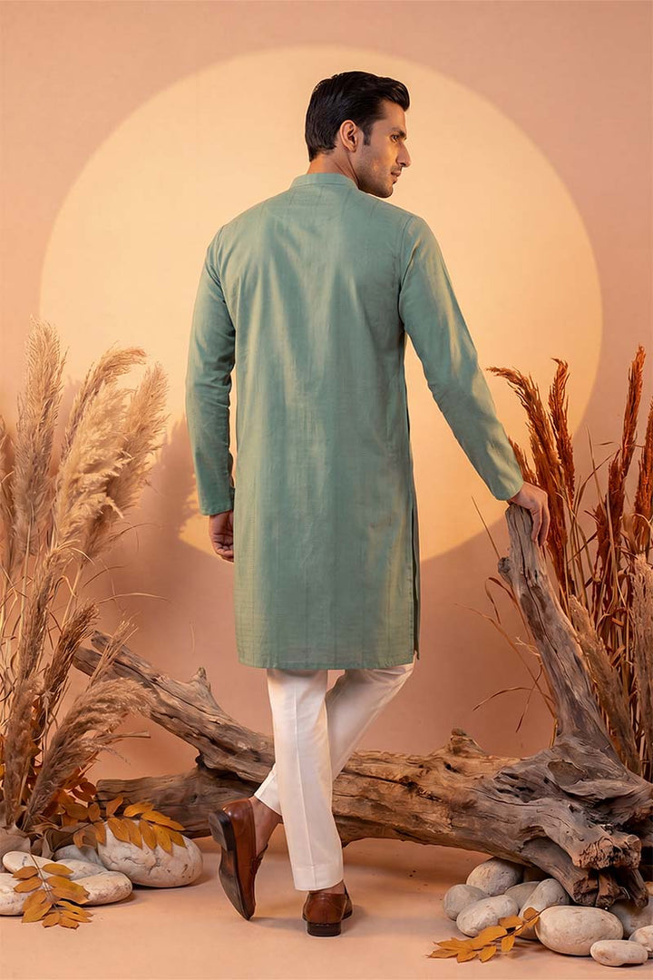 Mens Green Silk Blend Solid Solid Kurta With Trousers | SHOBITAM