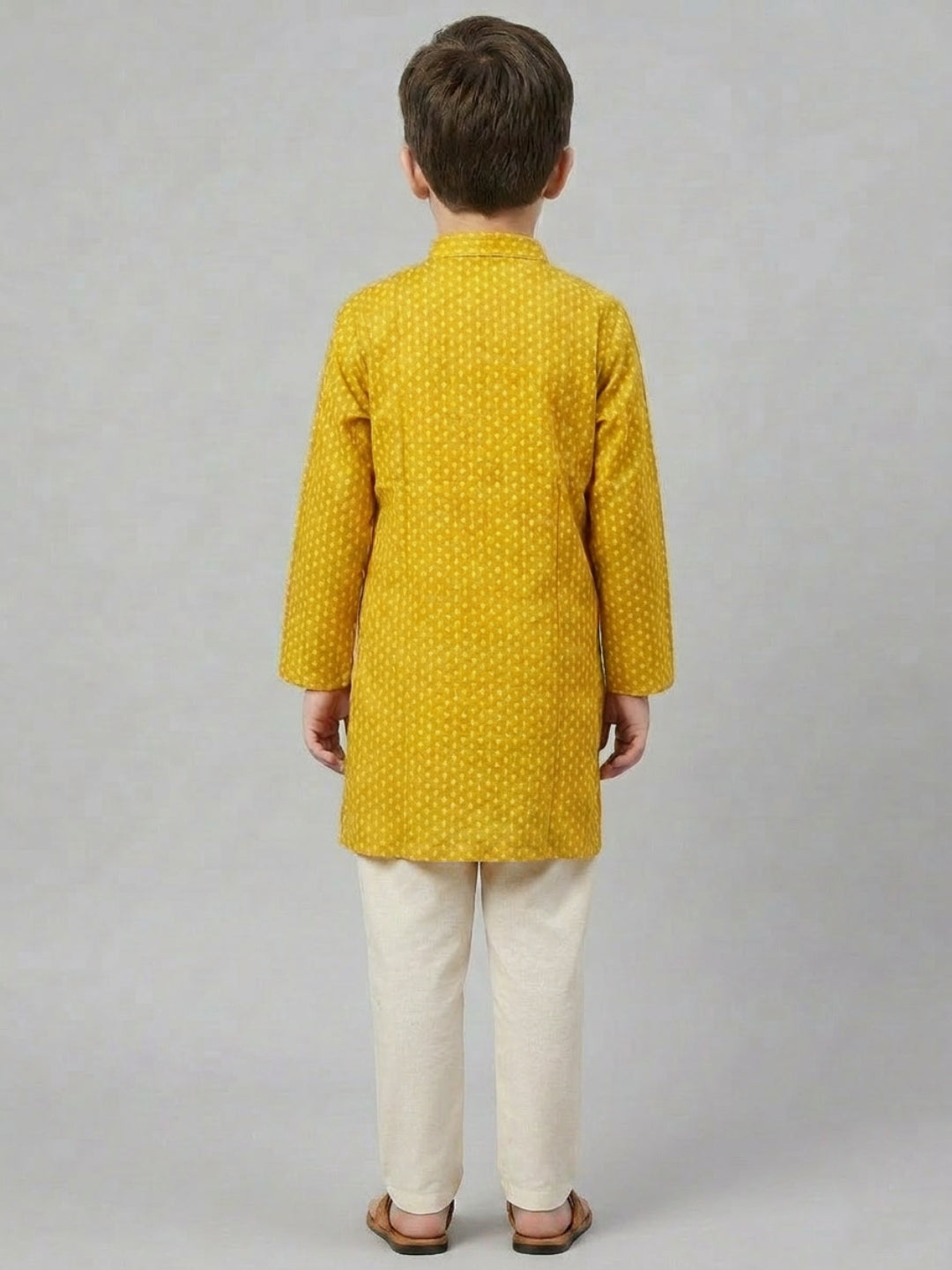 Boys Mustard Yellow Printed Mandarin Collar Cotton Kurta Set | SHOBITAM