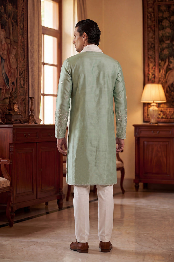 Men Green Silk Blend Solid Embroidered Straight Kurta Sets  | SHOBITAM