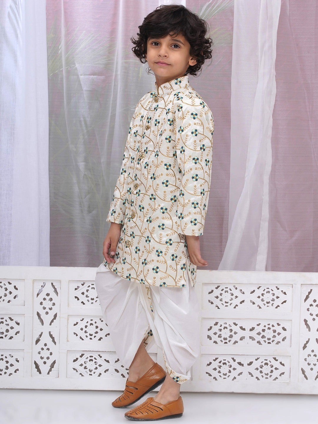 Boys Silk Brocade Full Sleeves Sherwani and Dhoti with Floral Embroidery & Kundan Buttons- Cream | SHOBITAM