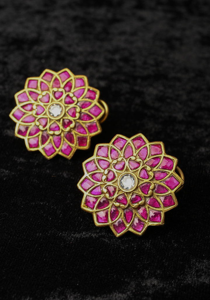92.5 Silver Pink Stone Large Floral Studs