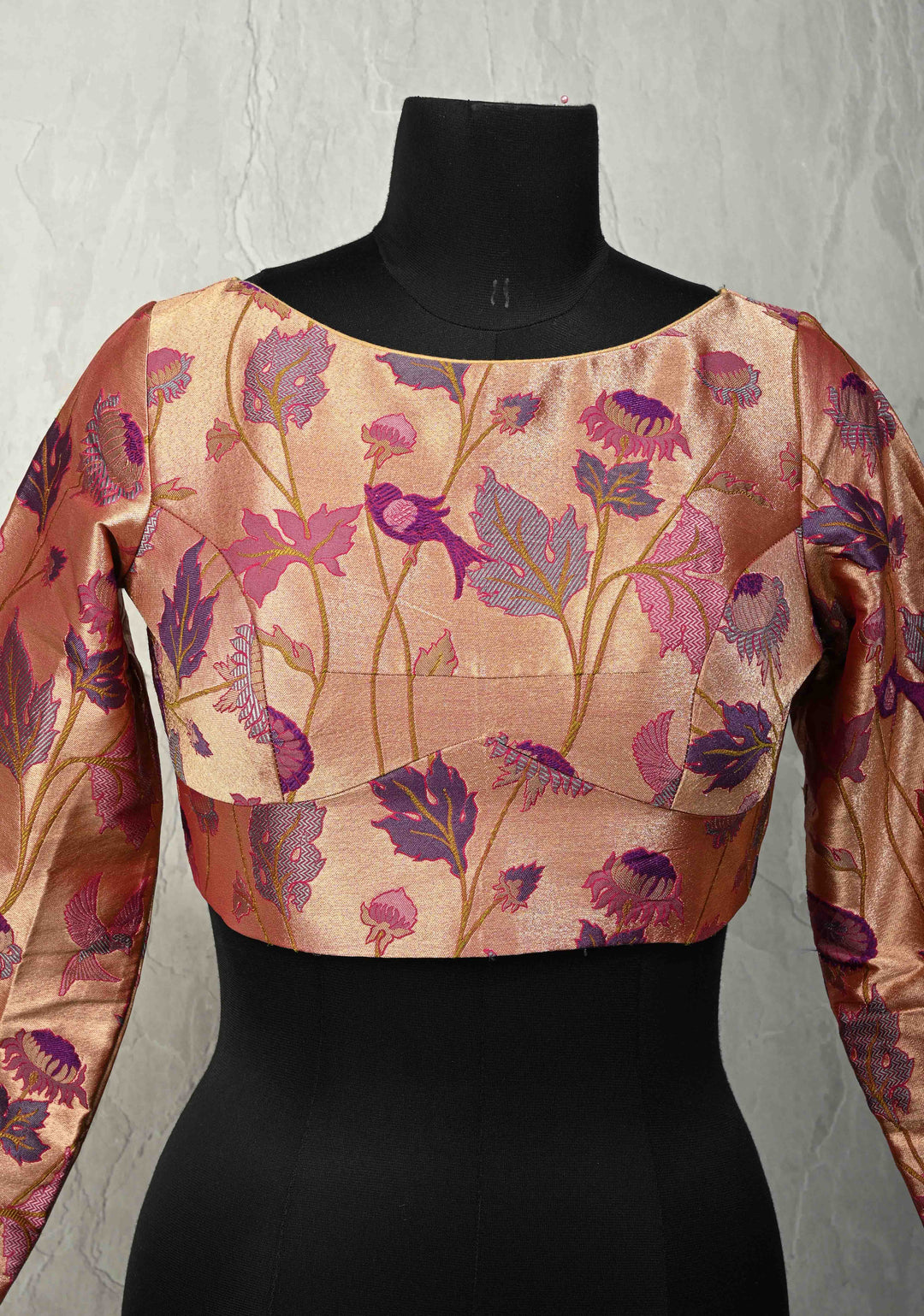 SIZE 36" Rose Gold Paithani Style  Boat Neck Blouse with Meenakari  Pichwai Semi Silk Brocade and Full Sleeves