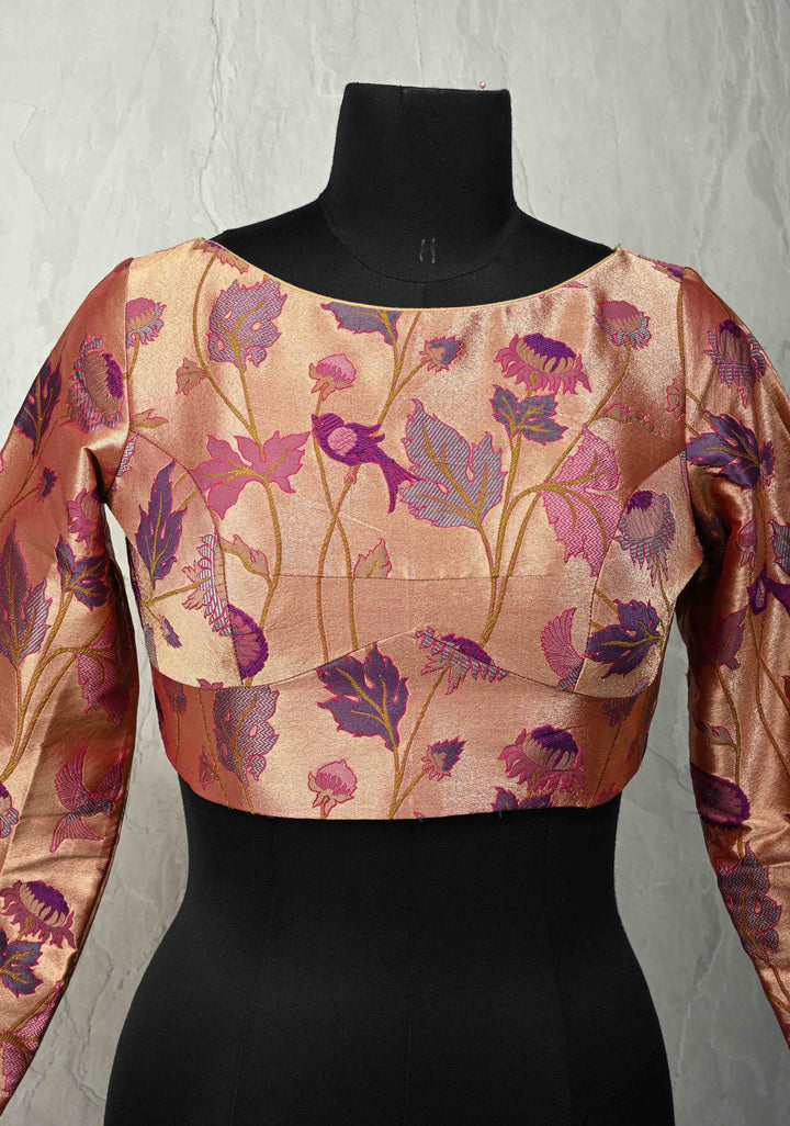 SIZE 36" Rose Gold Paithani Style  Boat Neck Blouse with Meenakari  Pichwai Semi Silk Brocade and Full Sleeves