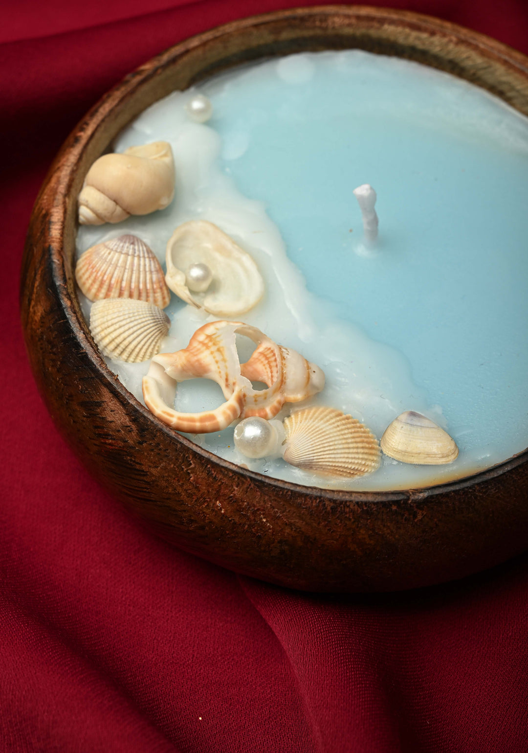 Ocean Treasures small scented candle in wooden bowl | SHOBITAM