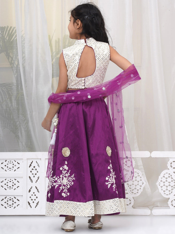 Girls Silk Brocade Kali Work Lehenga with Floral Thread Work & Sequin work Sleeveless Blouse with Dupatta - Purple | SHOBITAM