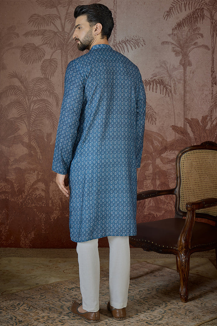 Mens Blue Linen Floral Print Regular Kurta | SHOBITAM