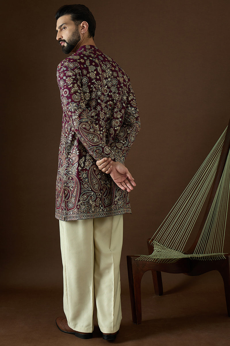 Wine Georgette Solid Embroidered Straight Kurta | SHOBITAM
