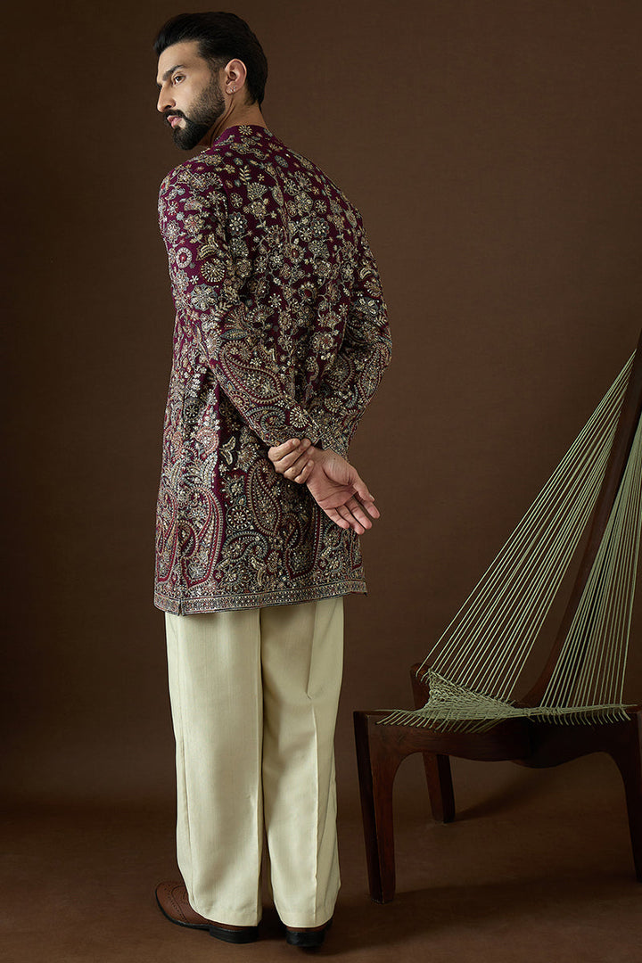 Wine Georgette Solid Embroidered Straight Kurta | SHOBITAM
