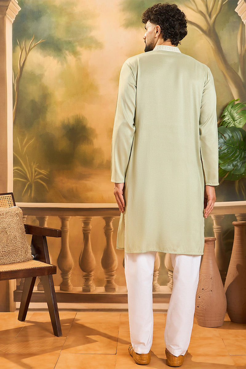 Green Silk Blend Solid Embroidered Straight Kurta  | SHOBITAM