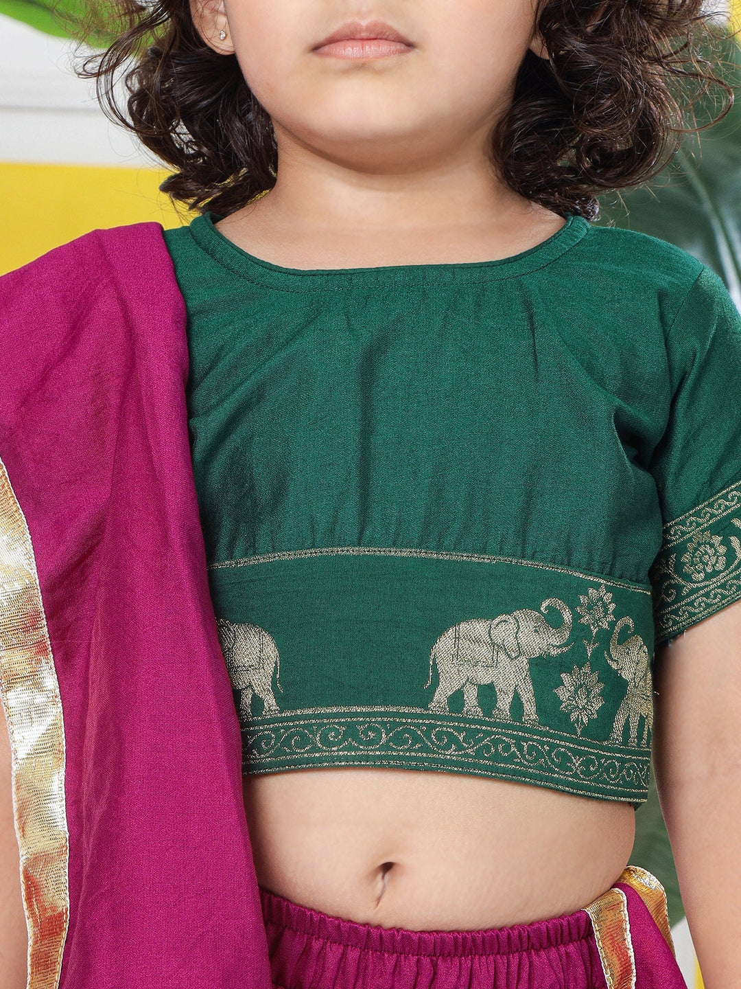 Grapevine Elephant Zari Embroidery Chanderi Cotton Lehenga with Stitched Green Blouse Set | SHOBITAM