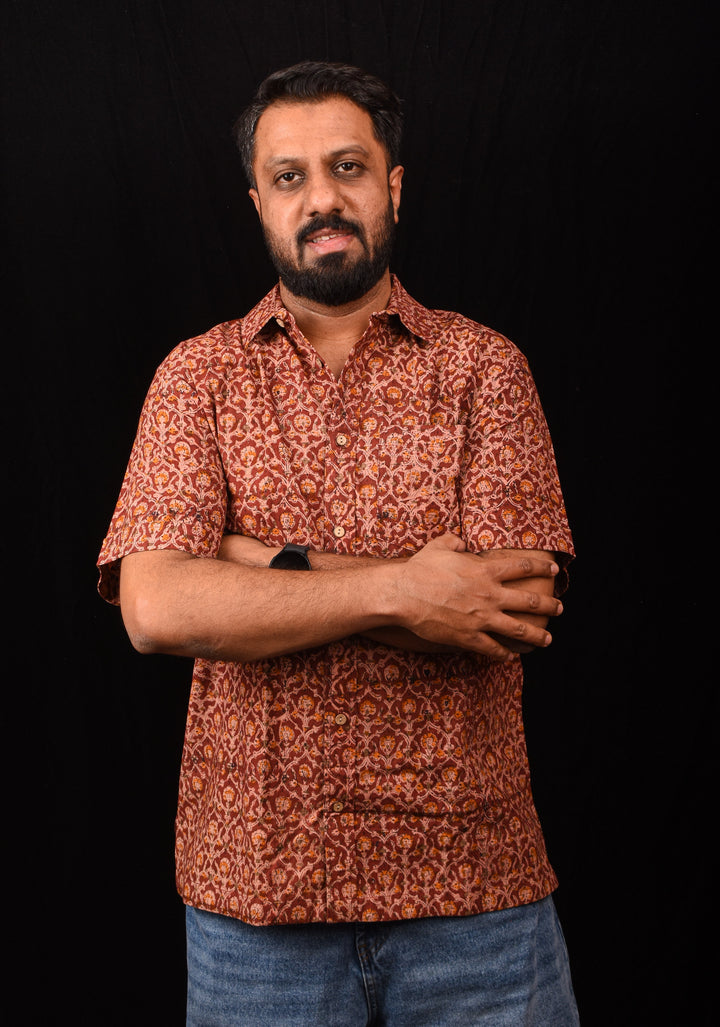 Maroon Brown Kalamkari Handblock Printed Cotton Mens Shirt Dheeran