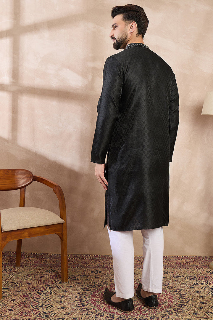 Black Silk Blend Solid Woven Design Straight Kurta | SHOBITAM