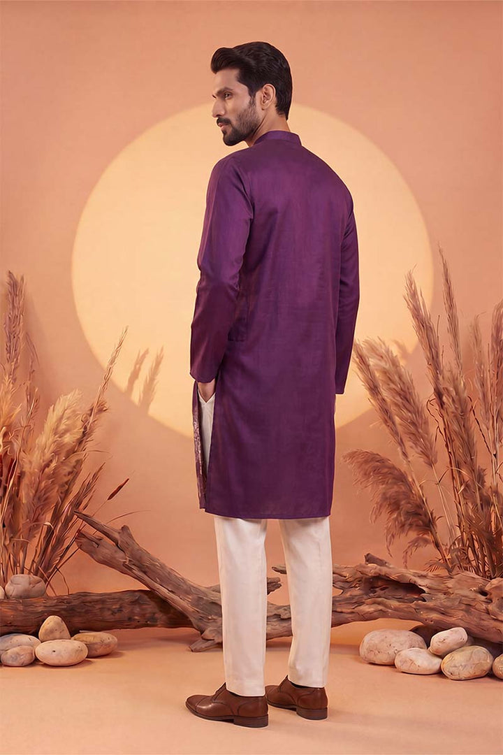 Mens Violet Silk Blend Solid Embroidered Kurta With Trousers | SHOBITAM