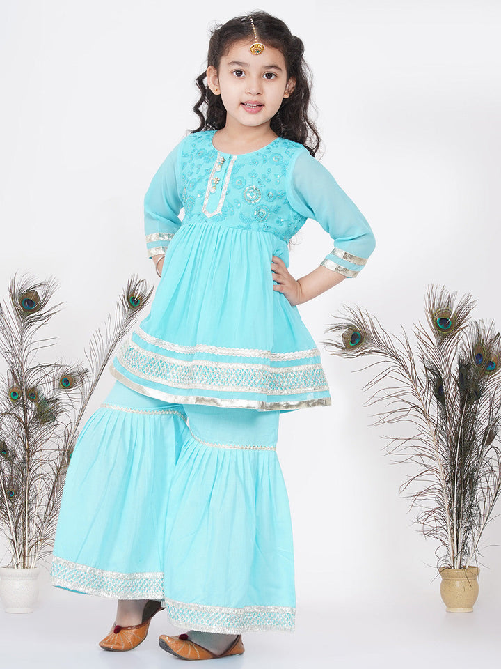 Girls Gotta Patti work Kurta frock with Sharara and Dupatta - Sky Blue | SHOBITAM