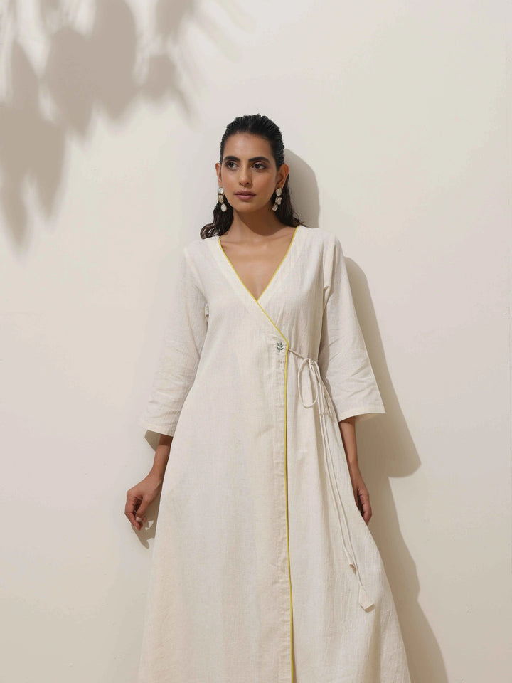 Off White Cotton Linen Angrakha Kurta Pant Set | SHOBITAM