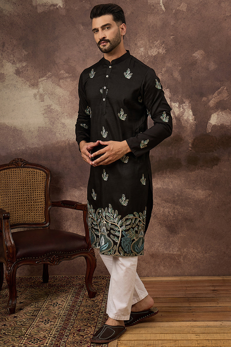 Black Silk Blend Solid Embroidered Straight Kurta with Trouser  | SHOBITAM