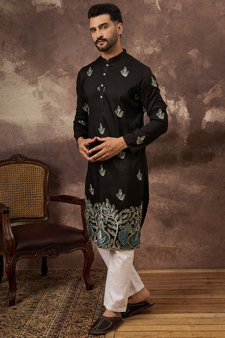 Black Silk Blend Solid Embroidered Straight Kurta with Trouser  | SHOBITAM
