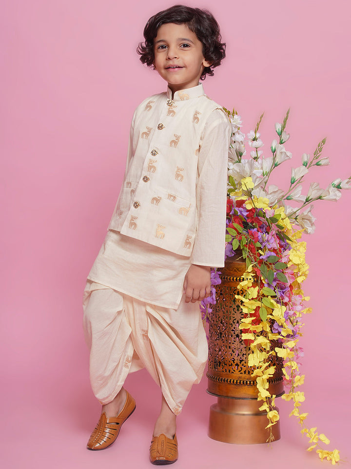 Cotton Sleevelees Golden Deer Embrodiery Nehru Jacket with Kurta and Dhoti - Cream | SHOBITAM