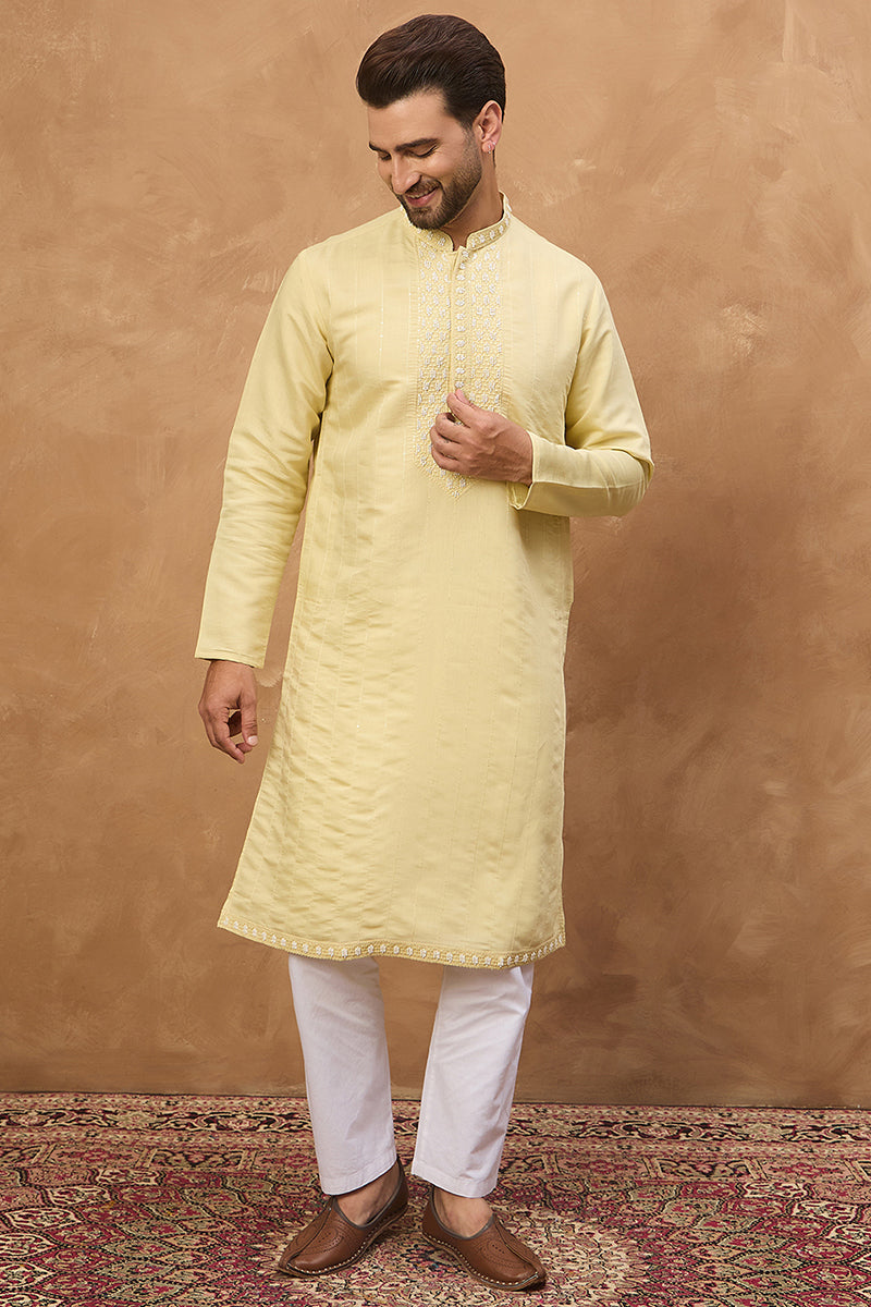 Yellow Silk Blend Solid Embroidered Straight Kurta  | SHOBITAM