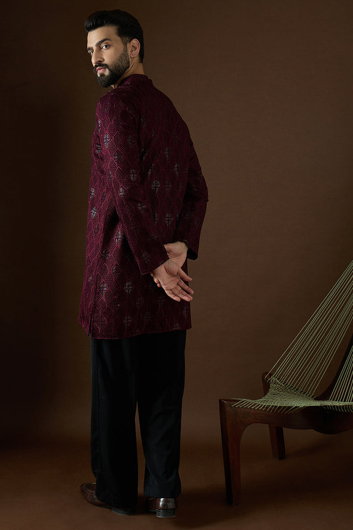 Purple Georgette Solid Embroidered Straight Kurta | SHOBITAM