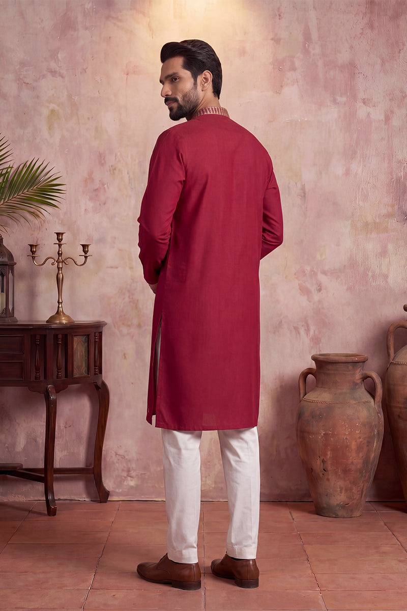 Mens Red Silk Blend Solid Emboidered Straight Kurta With Trouser | SHOBITAM
