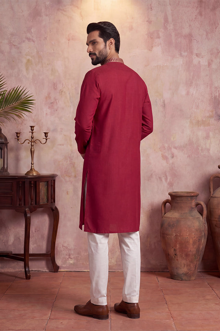 Mens Red Silk Blend Solid Emboidered Straight Kurta With Trouser | SHOBITAM