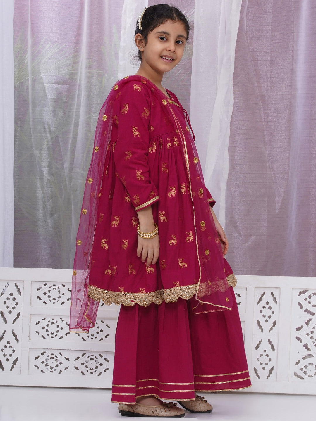 Girls Cotton Three Fourth Sleeves Angrakha Kurta with Sharara and Net Dupatta with Deer Design Zari Work - Rose Red | SHOBITAM