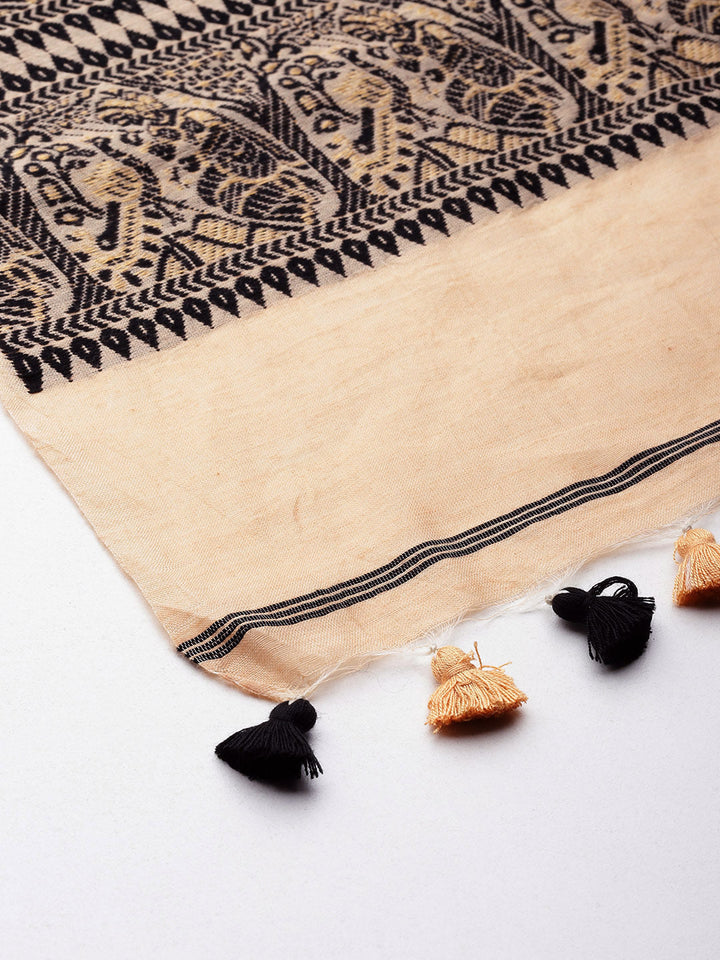 Beautiful Beige & Black Baluchari Silk Cotton Dupatta | SHOBITAM