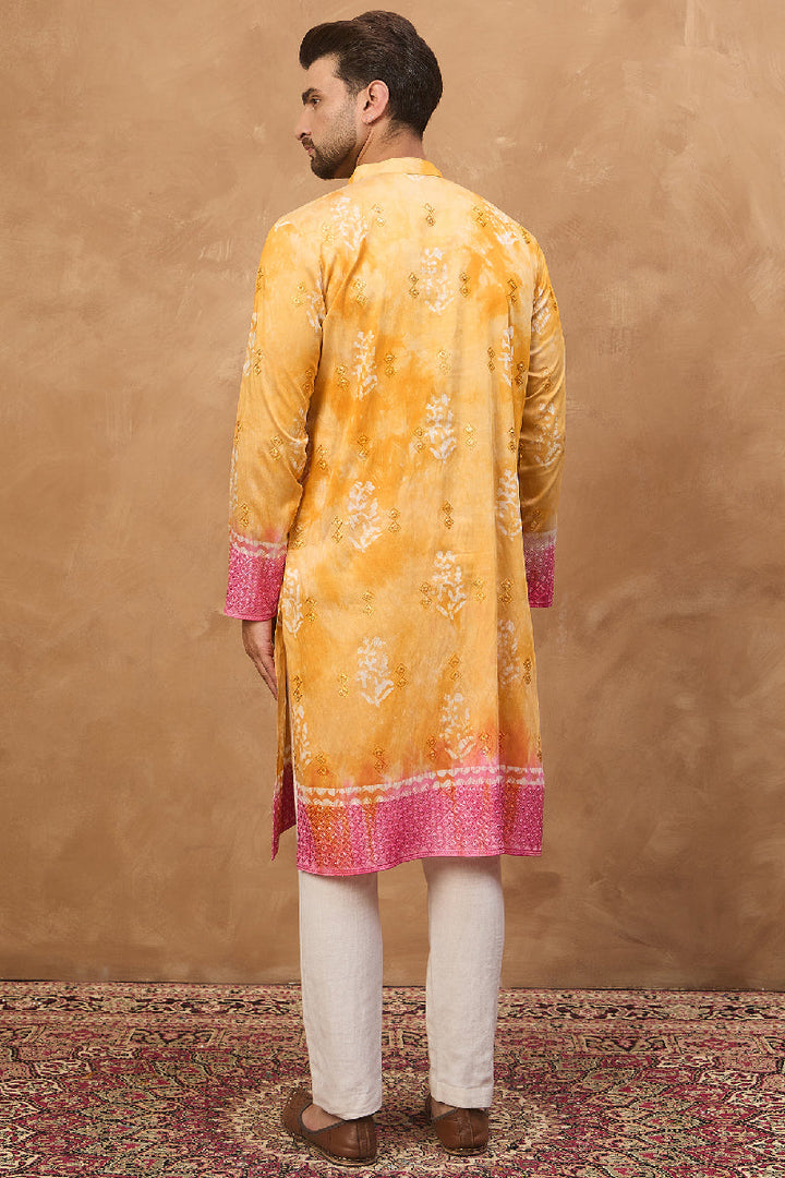 Yellow Silk Blend Batik Embroidered Straight Kurta  | SHOBITAM