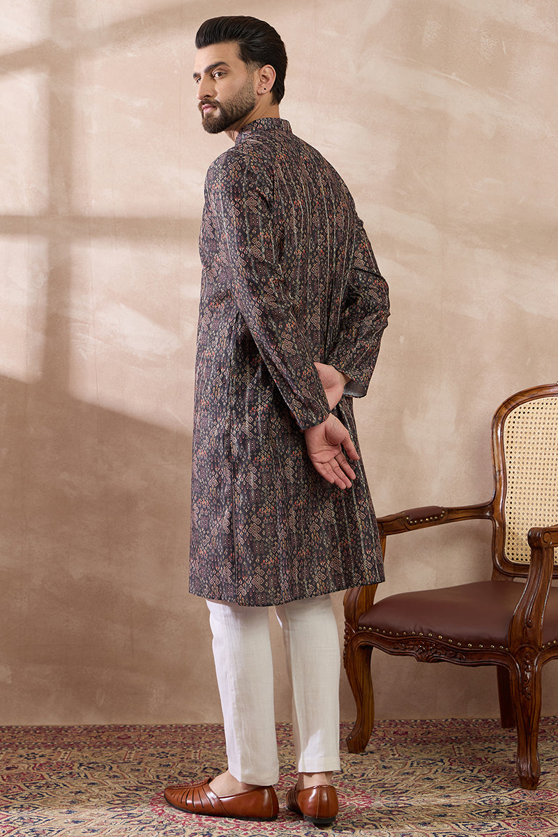 Black Silk Blend Printed Mandarin Collar Straight Kurta With Trouser | SHOBITAM
