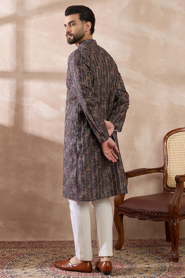 Black Silk Blend Printed Mandarin Collar Straight Kurta With Trouser | SHOBITAM