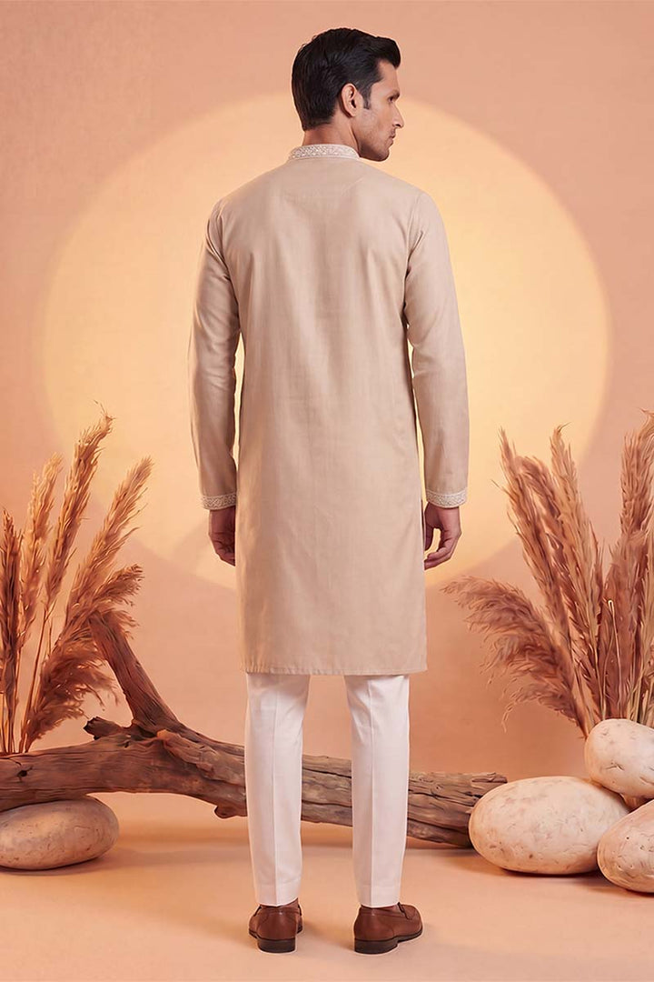 Mens Beige Silk Blend Solid Embroidered Kurta With Trousers  | SHOBITAM