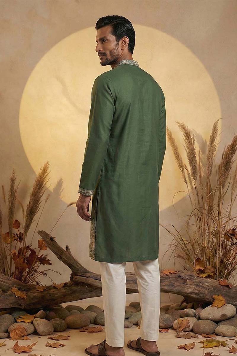 Silk Blend Green Solid Embroidered Calf Length Straight Kurta | SHOBITAM